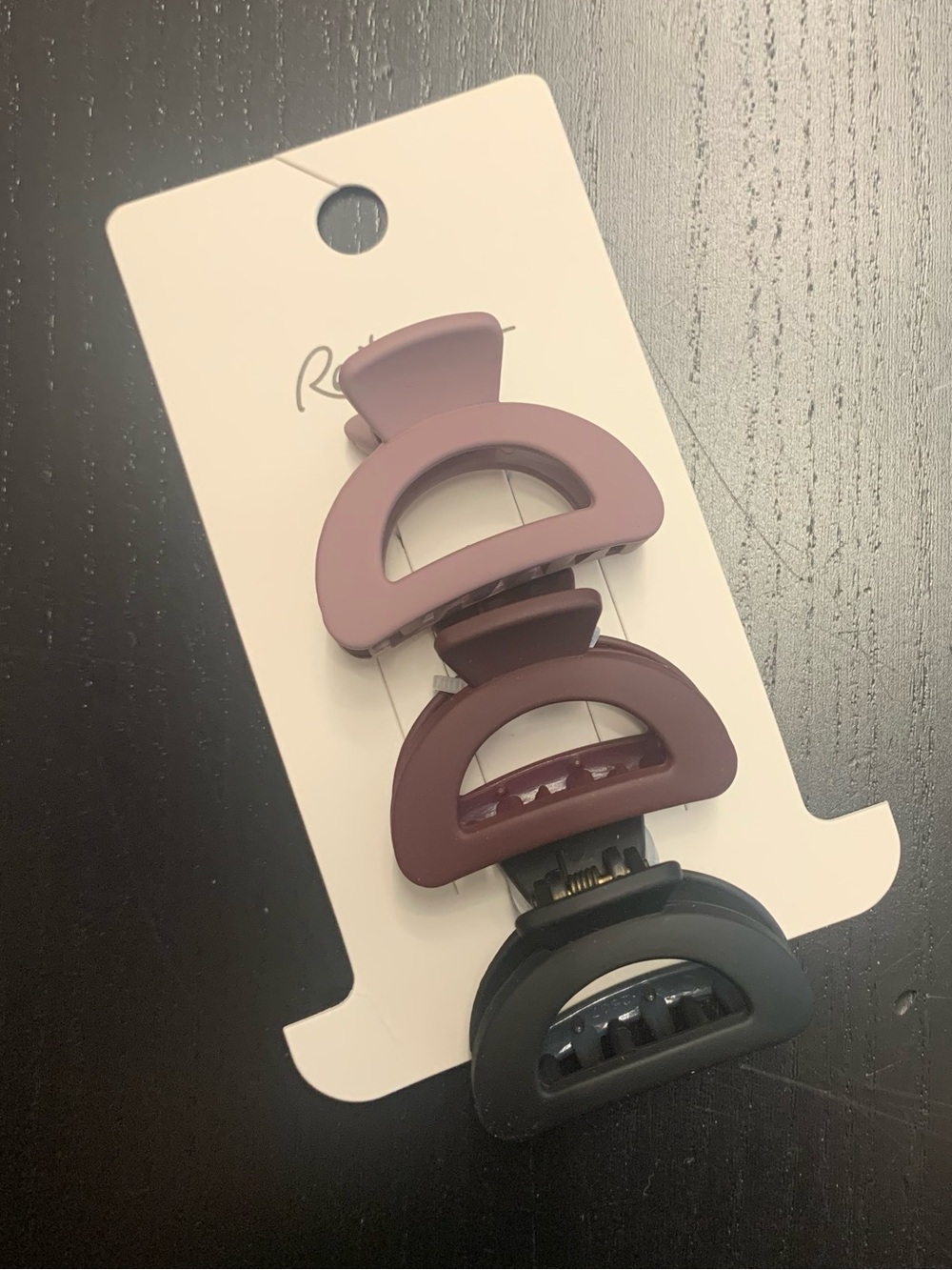 Reitmans Three-Pack Half-Moon Hair Clips in Mauve, Plum, and Charcoal